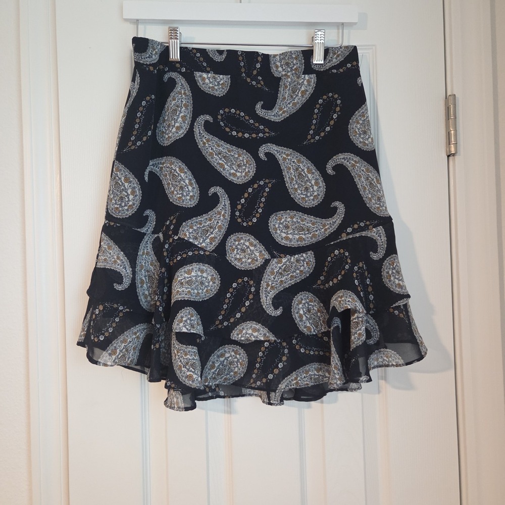 LOFT Paisley Mini Skirt Navy Blue Ruffle Hem Tiered Flounce M Boho Ruffled Hem